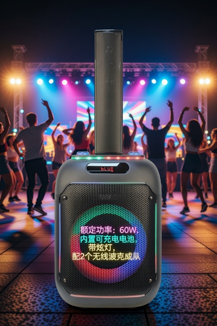 背景是户外广场舞，额定功率： 60W， 内置可充电电池， 带炫灯。配2个无线麦克风,把底盘P掉， 把产品属性要添上预览效果