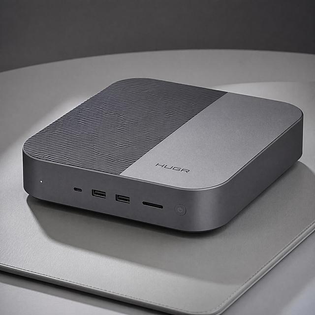 重新设计这款卧式PC，改为圆角方形轮廓，顶面做拼接双色铝合金纹理，把按键和接口移动到正面，和原图做较大差异化，保留CNC喷砂氧化材质和苹果极简风，工业渲染