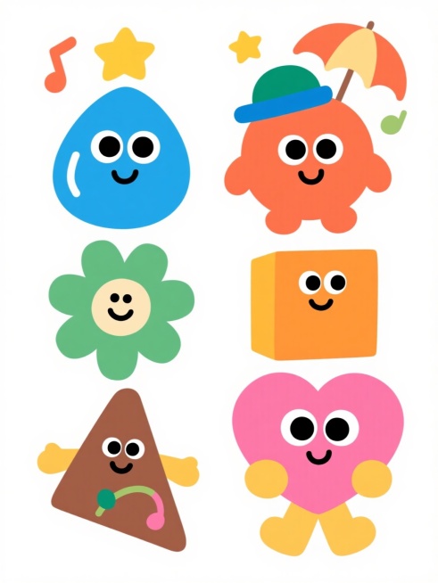 六个不同配色不同样式的卡通素材，白色背景，排列整齐，扁平风格，可爱表情，简洁线条，明亮色彩，圆形眼睛，微笑嘴巴，黄色星星，蓝色水滴，绿色花朵，橙色方块，粉色爱心，棕色三角形，每个角色都有独特的装饰元素，如音符、星星、雨伞、帽子，整体风格统一，充满童趣，构图均衡，细节丰富，适合儿童主题设计。预览效果