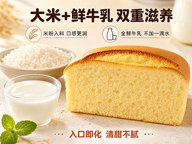 [主图-2] 鲜牛乳米蛋糕原料与口感细节图，展示大米+鲜牛乳的核心原料优势和细腻口感，抖音电商信任转化风格。
[统一基调] 整体暖色调，米白与暖黄为主色，浅棕与奶咖为辅助色，强调色用暖橙；主标题用粗厚圆润的黑体，字形饱满有食欲感，字色为深棕；辅助文案用清爽细黑体，字色为暖棕；整体风格清新温暖、干净高级，充满烘焙甜品的治愈氛围。
[画面] 画面中央偏右是一块切开的米蛋糕特写，展示横截面的细腻气孔和松软湿润的质地，蛋糕切面平整，颜色呈均匀的浅金黄色，能看到细微的米粉颗粒质感。蛋糕左上方摆放一小碗洁白的大米颗粒，颗粒饱满晶莹；左下方放一小杯鲜牛乳，牛奶表面有自然的光泽，旁边点缀一片新鲜薄荷叶增加清新感。背景是浅米色的干净台面，上方有柔和的自然光洒落，营造纯净天然的氛围。主体（蛋糕+原料）占画面约70%，视角为平视略微俯视，突出食材的真实质感。
[光影质感] 自然柔和的侧顶光，主光从左上方来，在蛋糕切面形成细腻的明暗过渡，突出蓬松多孔的肌理；大米颗粒有晶莹的高光点，鲜牛乳有温润的液面反光；整体光线明亮通透，阴影柔和，商业美食摄影微距质感，干净高级。
[配色] 背景浅米白色，台面浅暖灰色；蛋糕的金黄、大米的洁白、牛乳的奶白形成和谐的暖色系层次；点缀少量绿色薄荷叶增加清新对比。
[文字版式] 画面上方居中位置主标题「大米+鲜牛乳 双重滋养」，深棕色粗黑体，字号大；主标题下方左右两侧各一个信息点，左侧配大米图标+文字「米粉入料 口感更润」，右侧配牛奶图标+文字「全鲜牛乳 不加一滴水」，均为暖棕色细黑体，字号为标题的45%；画面底部一行小字「入口即化 清甜不腻」，暖橙色粗黑体，字号中等。所有文字横排居中或对称排布，放在负空间不遮挡蛋糕主体和原料。
[输出要求] 比例4:3，高清画质，蛋糕肌理清晰，原料真实有质感，文字清晰可读；负向：禁止变形、错字、模糊、杂乱、水印、平台Logo、冷色调、过度饱和、原料失真、蛋糕质地虚假。