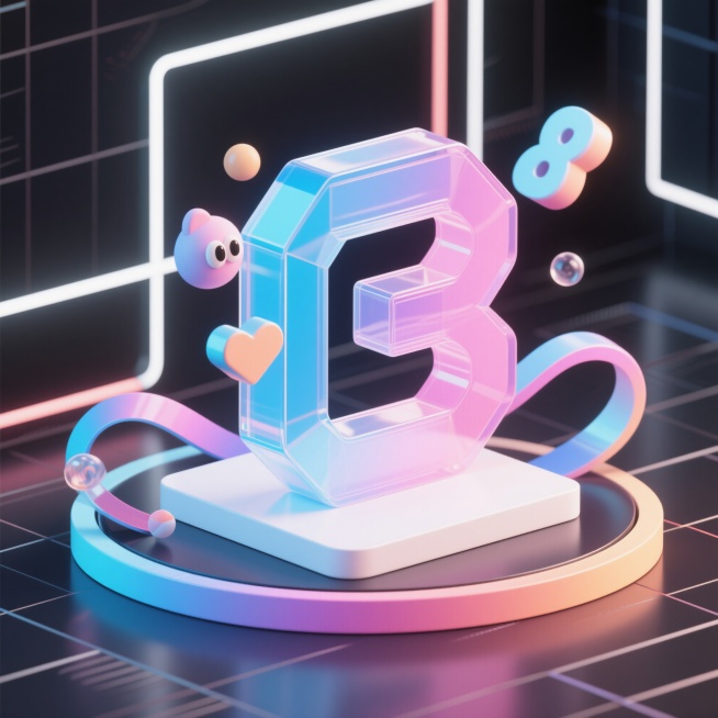 3D渲染的科技风格主图，透明渐变材质的几何图形，蓝粉渐变色调，柔和光影，白色平台底座，流动色带环绕，简约线条背景，抽象立体结构，无具体数字或字母预览效果