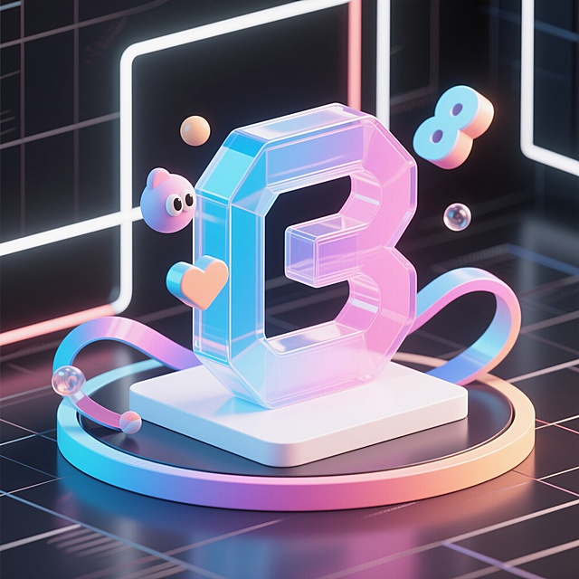 3D渲染的科技风格主图，透明渐变材质的几何图形，蓝粉渐变色调，柔和光影，白色平台底座，流动色带环绕，简约线条背景，抽象立体结构，无具体数字或字母