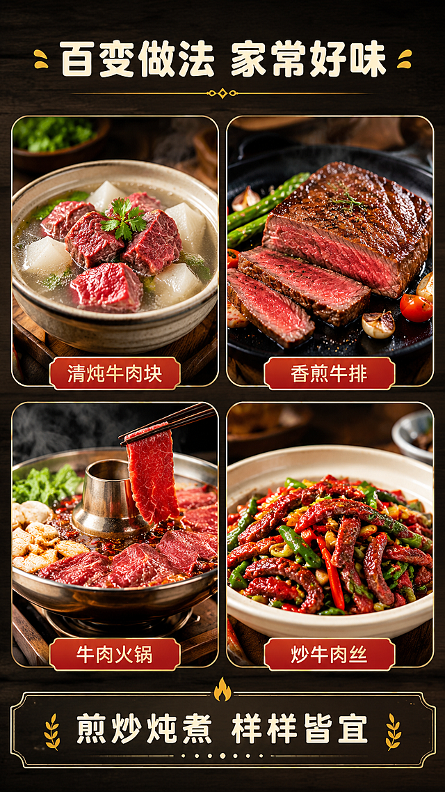 [第5屏] 马边鲜牛肉多样吃法场景展示。
[氛围/风格] 家常烟火气，温馨厨房场景，真实诱人食欲，商业摄影质感。
[元素布局] 采用2x2四宫格布局，四个圆角框分别展示不同吃法：清炖牛肉块、香煎牛排、牛肉火锅、炒牛肉丝，主原料牛肉保持马边鲜牛肉的鲜红色泽与原图一致。每个圆角框大小均匀，框内菜品清晰诱人，框间隔浅棕色线条。四宫格上方留白放标题，下方放总结文案，整体排列工整不拥挤。
[光影质感] 每个场景均匀布光，菜品色泽自然真实，明暗层次清晰，凸显菜品诱人光泽。
[配色色系] 全局底色：#2D2317（深棕木纹）；主体配色：#D62828（牛肉红）+#F5F0E1（米白）+#8A8A8A（框线）；辅助色：#D4AF37（金色）。
[视角构图] 每个宫格平视拍摄菜品，整体构图均衡，信息呈现清晰。
[文字版式] 顶部大标题"百变做法 家常好味"米白色，四宫格下方每个吃法标注名称，底部信息栏总结"煎炒炖煮 样样皆宜"米白色。字形圆角黑体，字色仅米白和金色，标题纯色填充，延续首屏风格规范。
[比例分辨率] 9:16 竖版比例，2k 分辨率，文字清晰可辨，超高清。
[负向提示词] 菜品变形，牛肉颜色不对，文字错乱，画面模糊，脏污。