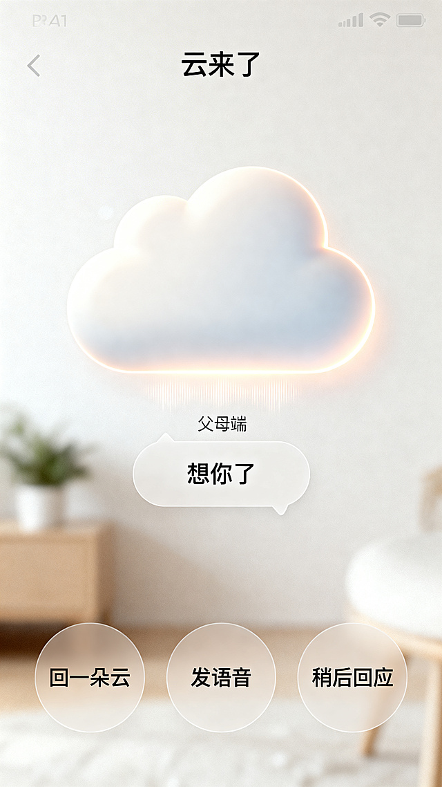 移动端智能家居APP召唤响应界面，页面标题为“云来了”，暖白色背景搭配半透明毛玻璃效果，画面中央是带脉动光效的大尺寸云朵图形，云朵下方显示父母端发送的信息气泡，内容为“想你了”，底部横向排列三个圆角按钮，分别标注“回一朵云”“发语音”“稍后回应”，整体搭配柔和光线，风格极简干净