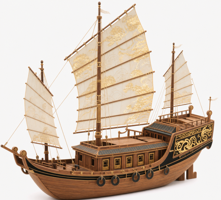 参考原图片风格，重新生成木质古代帆船模型画面，保留船体结构和金色花纹细节，保持精致的雕刻工艺风格预览效果