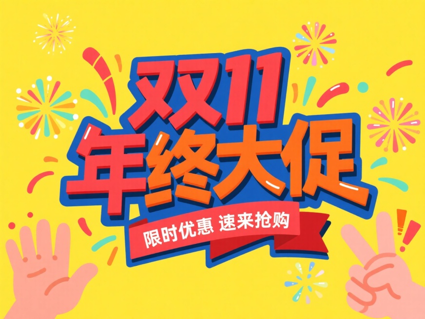 主标题“双 11年终大促”，小字“限时优惠 速来抢购” 的促销文案。整体以红、橙等鲜艳色彩为主，加入礼花、手势等装饰元素，黄色背景预览效果
