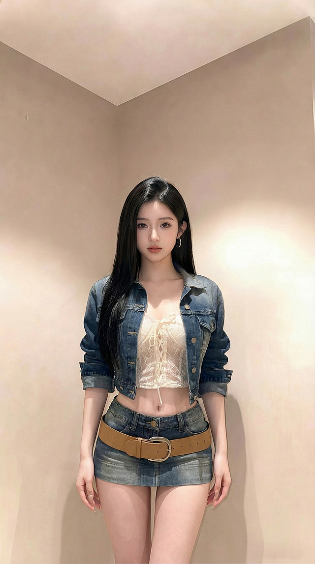 将图一中的米白色蕾丝系带吊带、短款牛仔外套、牛仔短裙穿搭换到图二人物身上，吊带设计完全不变，不要露肩，袖子和图一一样不要全部放下来，不要拿包包，调整人物为模特身材，拥有超绝腰臀比，整体真实自然