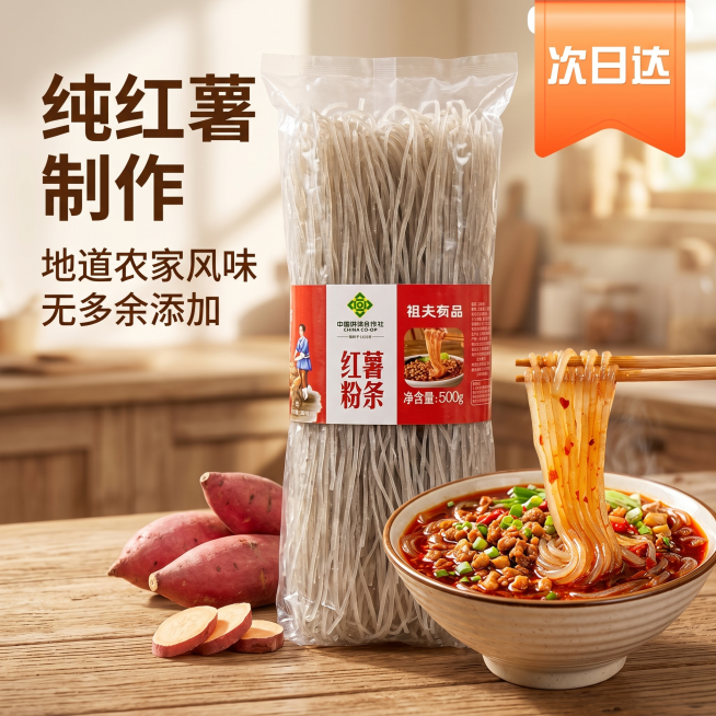 [主图 1] 天然纯正红薯粉条产品首图。[氛围风格] 乡土天然亲民风，真实农家食欲感；[画质] 商业摄影质感、光线柔和通透、产品清晰真实、画面干净高级。[元素] 袋装红薯粉条居中摆放，旁边搭配煮好的酸预览效果