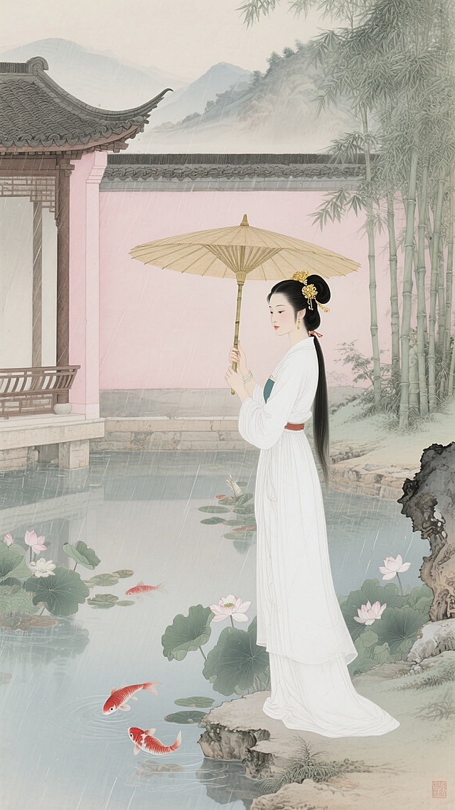 古典中式工笔风，水墨渲染，女子雨中持伞，静谧优雅，莲池锦鲤，唯美感十足。