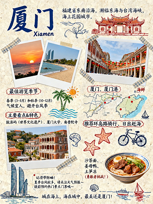 厦门旅行手账页面，手绘子弹笔记风格，米色带纹理纸张背景，蓝红墨水手写字体，美纹纸胶带装饰，拍立得风格照片穿插，草图涂鸦元素。顶部标题"厦门"，副标题"Xiamen"，文字描述"福建省东南沿海，濒临东海与台湾海峡，海上花园城市"，手绘涂鸦传统闽南红砖古厝和燕尾脊。包含4张拍立得照片：鼓浪屿日落贴美纹纸胶带、厦门大学与厦大白城海滩、南普陀寺、中山路挂满红灯笼的传统骑楼建筑。版面分区：中左最佳游览季节标签：春季（3-5月）和秋季（10-12月），气候宜人，避开台风季，搭配海浪椰树太阳涂鸦；中右地图与海鲜标签：厦门、厦门港，搭配手绘海港地图，带红点的福建省地图、帆船涂鸦；左中主要看点&特色3项：鼓浪屿（世界文化遗产）、厦门大学、南普陀寺，搭配万国建筑博览、嘉庚建筑、闽南古刹涂鸦；右下特别推荐2项：环岛路骑行、日出赶海，红色墨水勾边，搭配自行车、海星贝壳涂鸦；左下必尝美食3项：沙茶面、姜母鸭、土笋冻（勇敢者挑战！），搭配沙茶面碗、鸭肉涂鸦；底部中左小贴士文字：记得带防晒！夏季台风较多，请关注天气预报～提前预约热门景点门票哦～；页脚语录"城在海上，海在城中，最美还是厦门！"，手绘双子塔、厦门大桥、海上日出涂鸦。整体手绘复古手账风格，排版松散舒适。