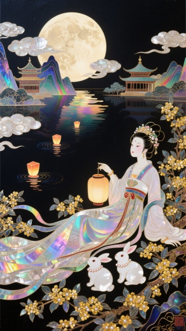 中式风格，嫦娥提着宫灯躺在花丛中，巨大的月亮，衣摆飘逸，身边跟着两只头戴桂花的小白兔。周围环绕着祥云和盛开的金色桂花，水面飘着河灯，背景有山脉楼台，深色幻彩背景，仰拍视角预览效果