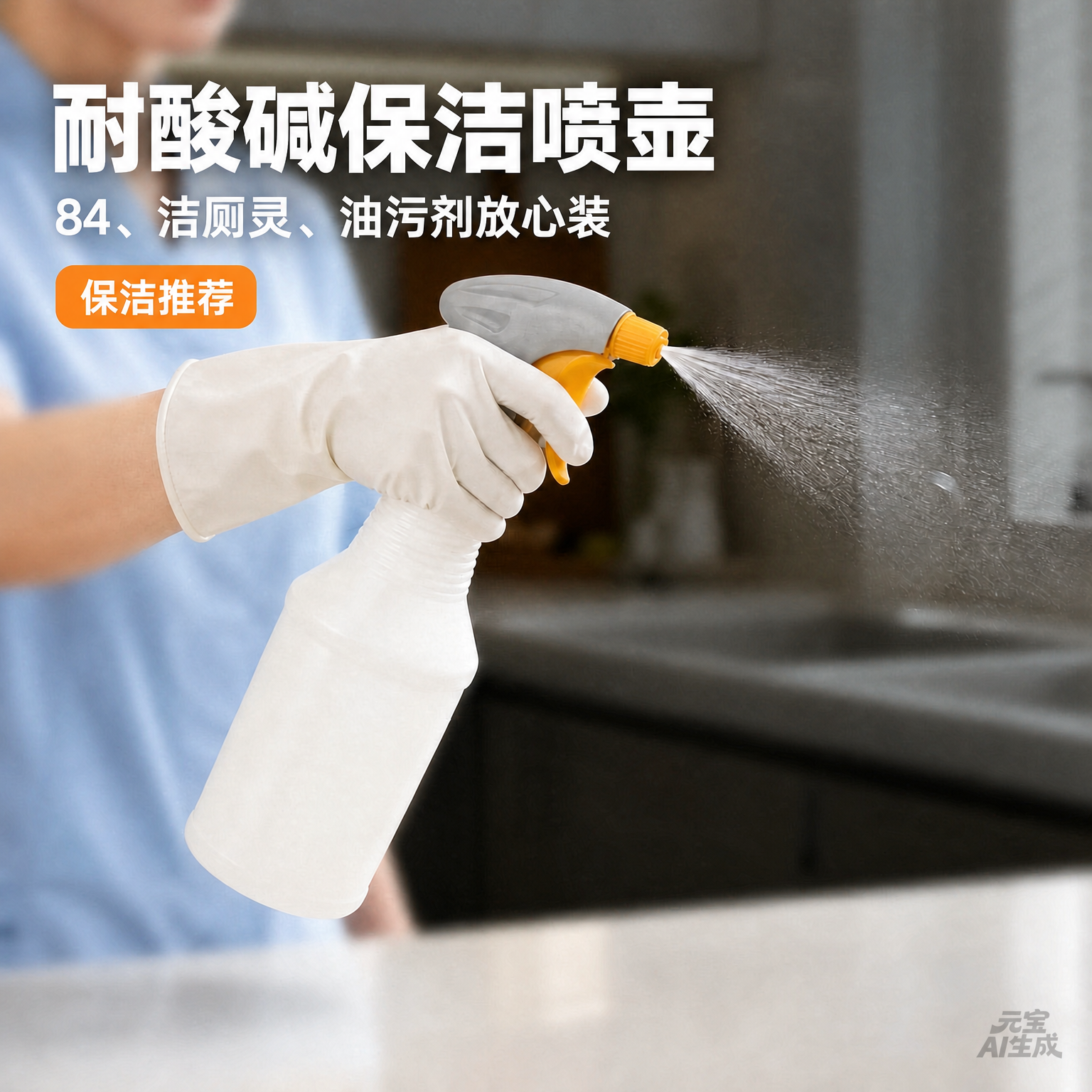 在图片左上角添加文案排版，主标题为大号粗体白色文字"耐酸碱保洁… - 图片创意预览