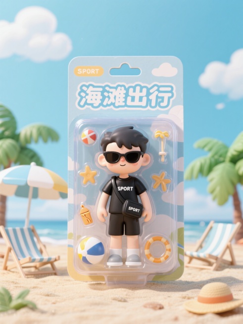盒子上有描边文字“海滩出行”预览效果