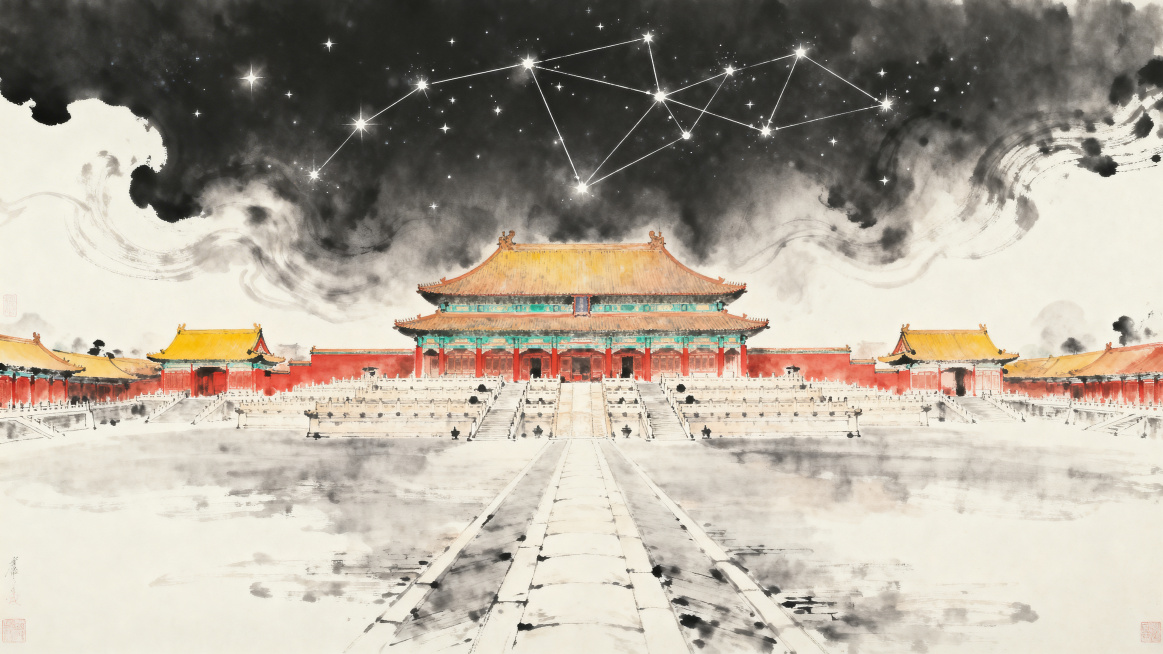 国风工笔淡彩水墨风格，主色调朱红、明黄、青灰、赭石。水墨空灵意境，太和殿重檐庑殿顶与夜空北斗七星遥相呼应，七星连线与中轴线完美重合，前朝三大殿居南属阳气势恢宏，后三宫居北属阴规整雅致，完美体现中轴对称预览效果