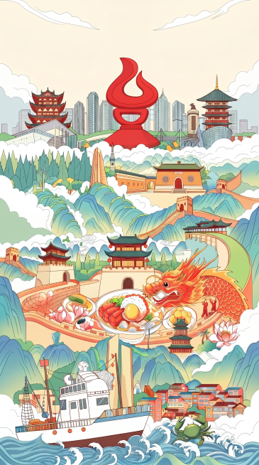 去掉画面底部海浪里的锦鲤，适当放大渔船尺寸，保留螃蟹，保持整体国潮插画风格和9:16比例不变，其余核心内容保留预览效果