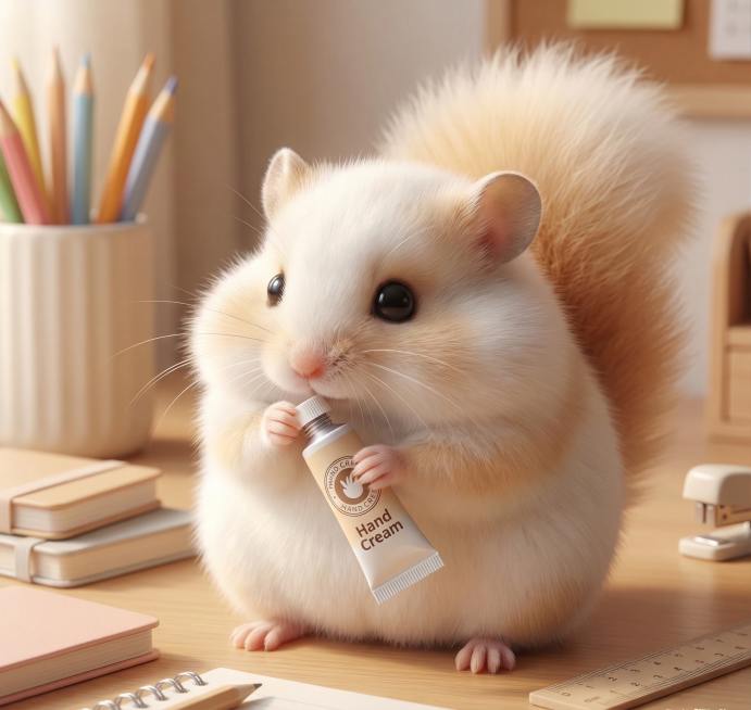 近景特写，肥尾沙鼠坐在整洁书桌前，小爪子捧着迷你护手霜，圆滚滚的身子凑得很近，认真拧开盖子，萌宠风格，软萌可爱，暖光打在蓬松绒毛上，背景是整齐的文具，反差感十足，保留原图沙鼠的圆滚滚外形和蓬松毛发质感预览效果