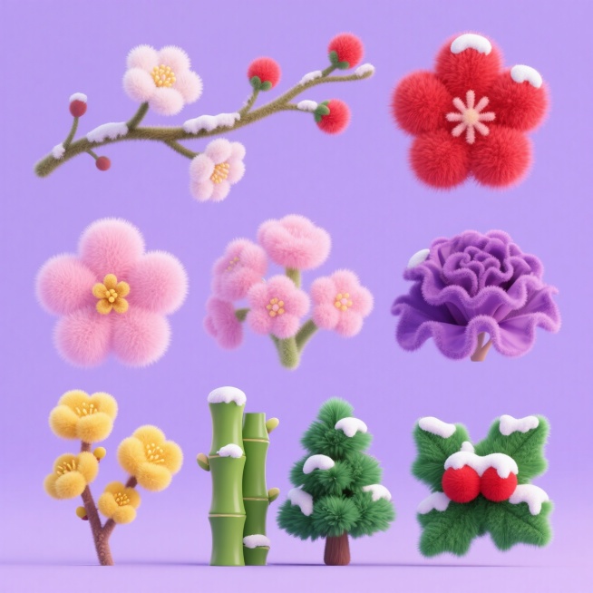 4个冬季植物元素，分别是铁线莲、红色梅花、粉色水仙、紫色羽衣甘南、黄色腊梅、绿色竹子、翠绿色松柏、红色带绿色的冬青上面有雪，三行两列对齐排列，淡紫色纯色背景。植物元素不能重复出现预览效果