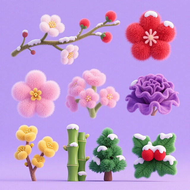 软3D毛绒质感植物，融合冬季雪景与春日花卉，萌趣卡通风格，梦幻温馨，甜蜜可爱，节日氛围浓厚。