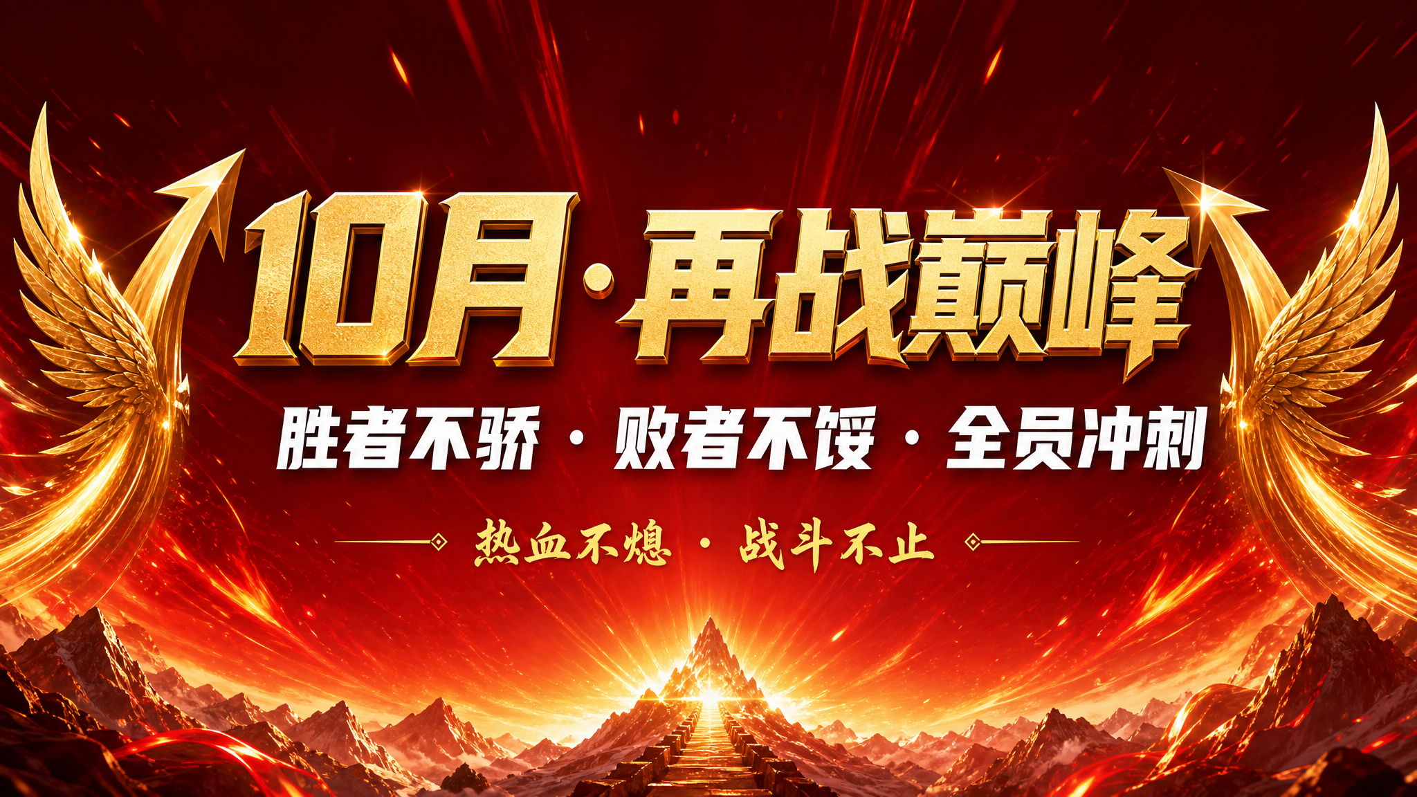 热血激励风PPT总结页，横版16:9。超大主标题"10月·再战… - 图片创意预览