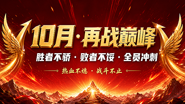 热血激励风PPT总结页，横版16:9。超大主标题"10月·再战巅峰"，金色立体粗体字，画面中央偏上。副标题"胜者不骄 · 败者不馁 · 全员冲刺"白色大字在下方。底部激励金句"热血不熄 · 战斗不止"金色小字。背景深红色渐变，有向上冲击的光线和火焰光效，充满力量感。左右两侧有金色翅膀箭头向上的装饰元素，象征突破和上升。整体氛围燃、热血、鼓舞人心。画面中所有文字必须精确渲染。版式精美，2K画质。