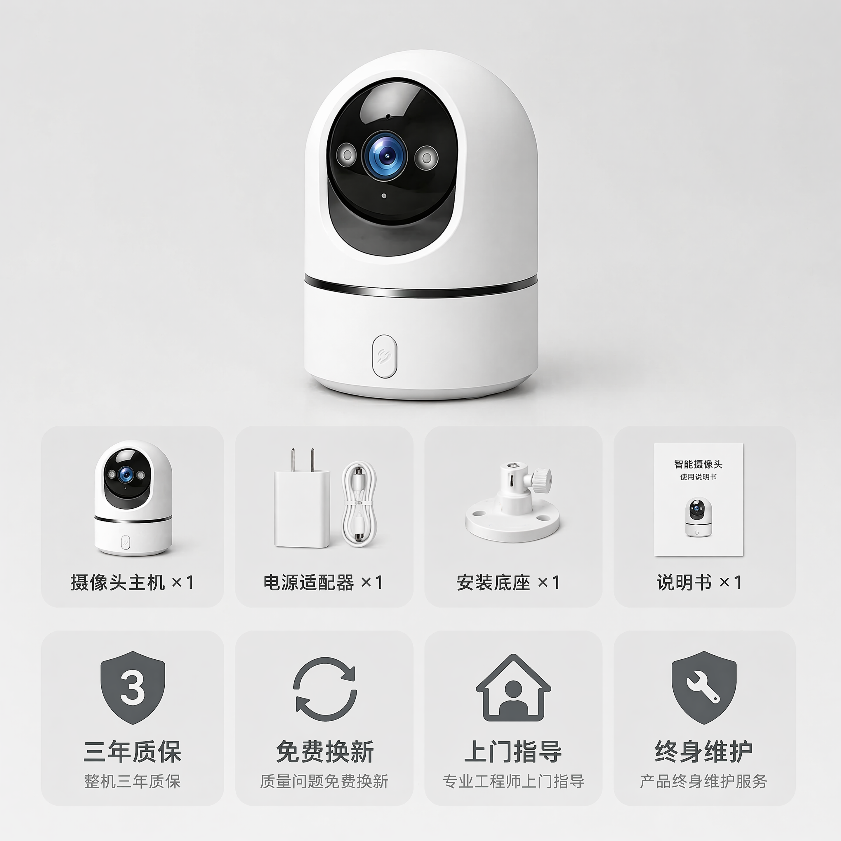 [主图-5] 摄像头全家福售后保障展示主图。氛围风格：简洁专业… - 图片创意预览