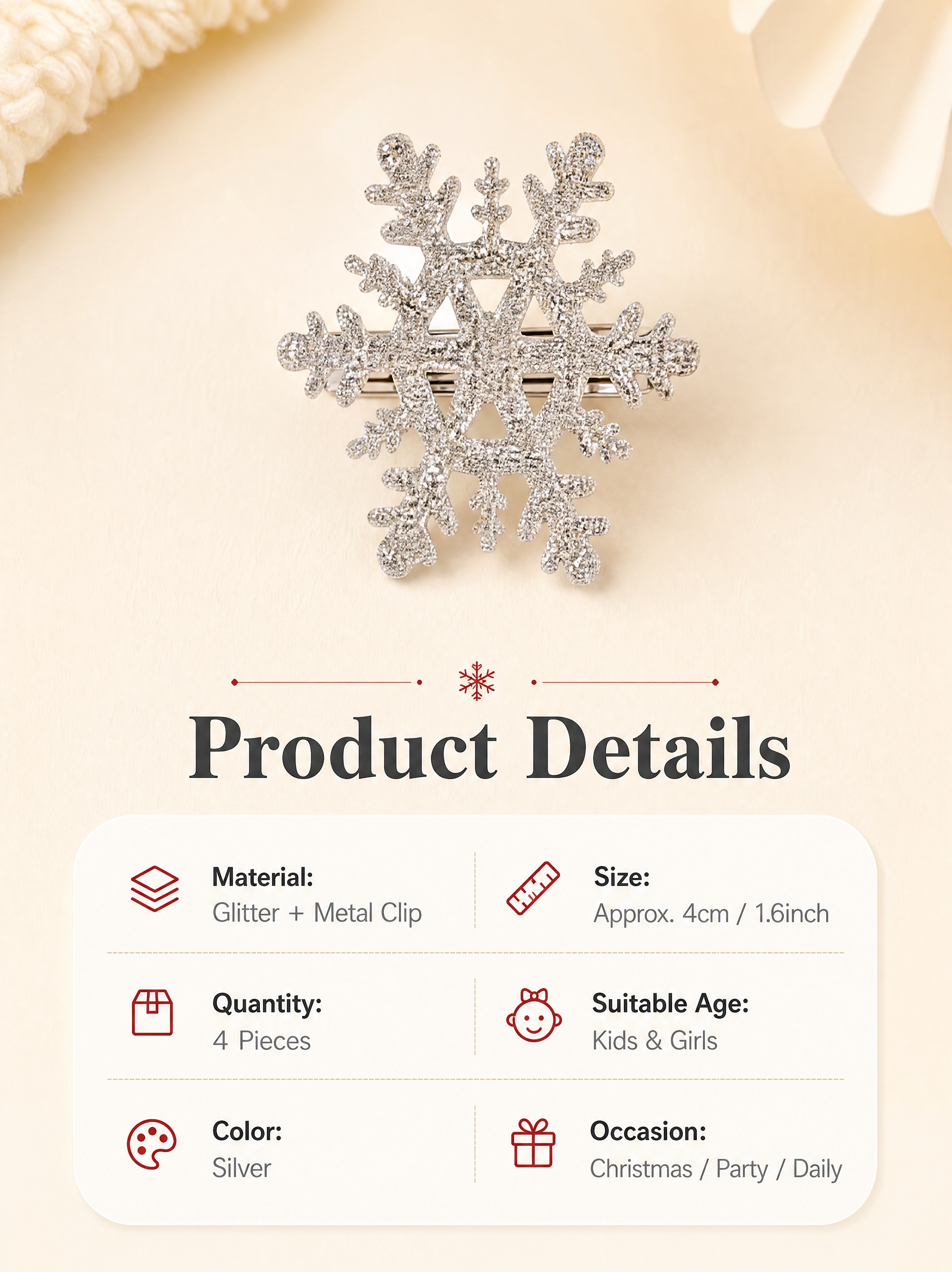 [商品] 使用【图2】银色闪粉雪花发夹；商品处理：保留雪花六瓣… - 图片创意预览