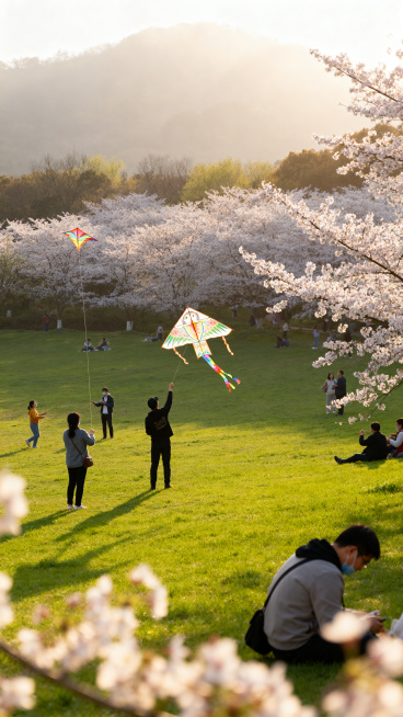 清明踏春主题场景，户外嫩绿草地，樱花桃花盛开，人们提着纸鸢在郊野春游，远山薄雾，暖色调阳光，清新治愈，生机盎然的春季踏青风景图预览效果