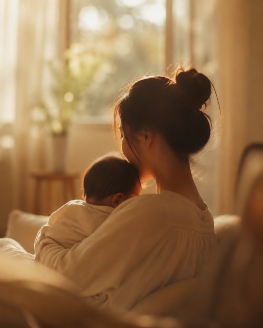 妈妈侧抱宝宝氛围感远景，只拍背影与侧脸，宝宝安静靠在妈妈胸口，整体画面柔和模糊，突出母子安静依偎的氛围，暖调温柔光影，温暖情感氛围，景深效果预览效果