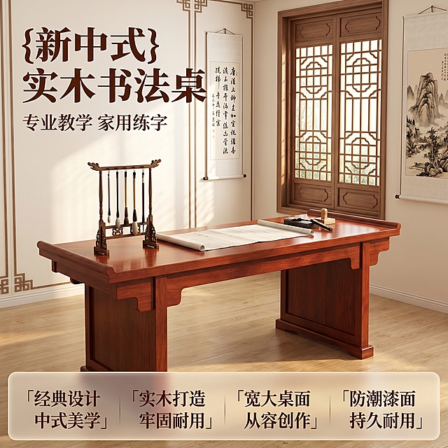 [主图 1] 空间场景与氛围，新中式实木书法桌整体展示首图。
[氛围风格] 中式古典文化氛围感，温馨居家生活感，专业高端家具风格；
[画质] 商业摄影质感、光线柔和通透、产品清晰真实、画面干净高级。
[元素] 新中式实木书法桌居中展示，保持产品外观（物理结构、材质质感、红棕木色）与输入产品图绝对一致，杜绝任何变形和色差，精细化处理。背景搭配素雅中式墙面、花格木窗，侧边点缀书法挂轴、文房四宝摆件，桌面平铺宣纸挂着毛笔架，营造浓郁书法氛围。商品主体占比严格控制在60%-80%之间，画面满屏无边框。
[光影] 午后自然光从侧窗引入，暖调柔和，木纹高光清晰，阴影层次自然，整体通透不灰蒙。
[配色] 主色调红棕实木色，辅助素雅米白墙面，中式水墨淡灰色点缀。
[视角构图] 正面45°平视，前中后景分层，景深适中，产品轮廓完整不裁切。
[文字版式] 左上负空间左对齐留安全边距，主副标题两行，不遮挡产品主体。主标题 “{新中式} 实木书法桌” 深棕色最大号粗体宋体；副标题 “专业教学 家用练字” 约半高，同色系略浅。底部通栏半透明渐变蒙层，均分四列，列内上标题下说明左对齐：列一「经典设计」「中式美学」列二「实木打造」「牢固耐用」列三「宽大桌面」「从容创作」列四「防潮漆面」「持久耐用」，列标题同字号，说明同字号，标题重于说明，深棕色字与浅底强对比，传统宋体。
[比例分辨率] 1:1 比例，2k 分辨率，文字清晰锐利，超高清。
[负向提示词] 变形，水印，文字错乱，产品图模糊，背景杂乱，牛皮癣，配色刺眼，遮挡主体。