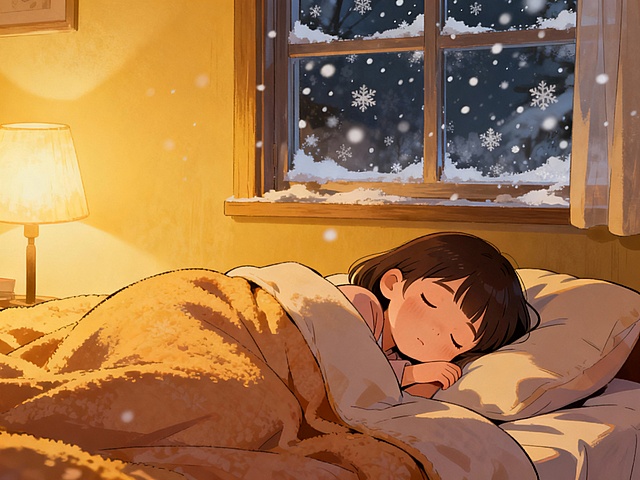 漫画风格，小女孩在床上睡觉，窗外在下雪