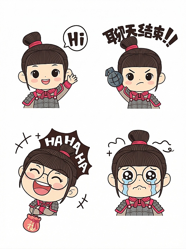 将这张表情包图片里的所有橘发女生形象替换为图1的Q版古代女战士形象，保留四个表情的构图和所有文字内容，保持表情包的卡通手绘风格一致