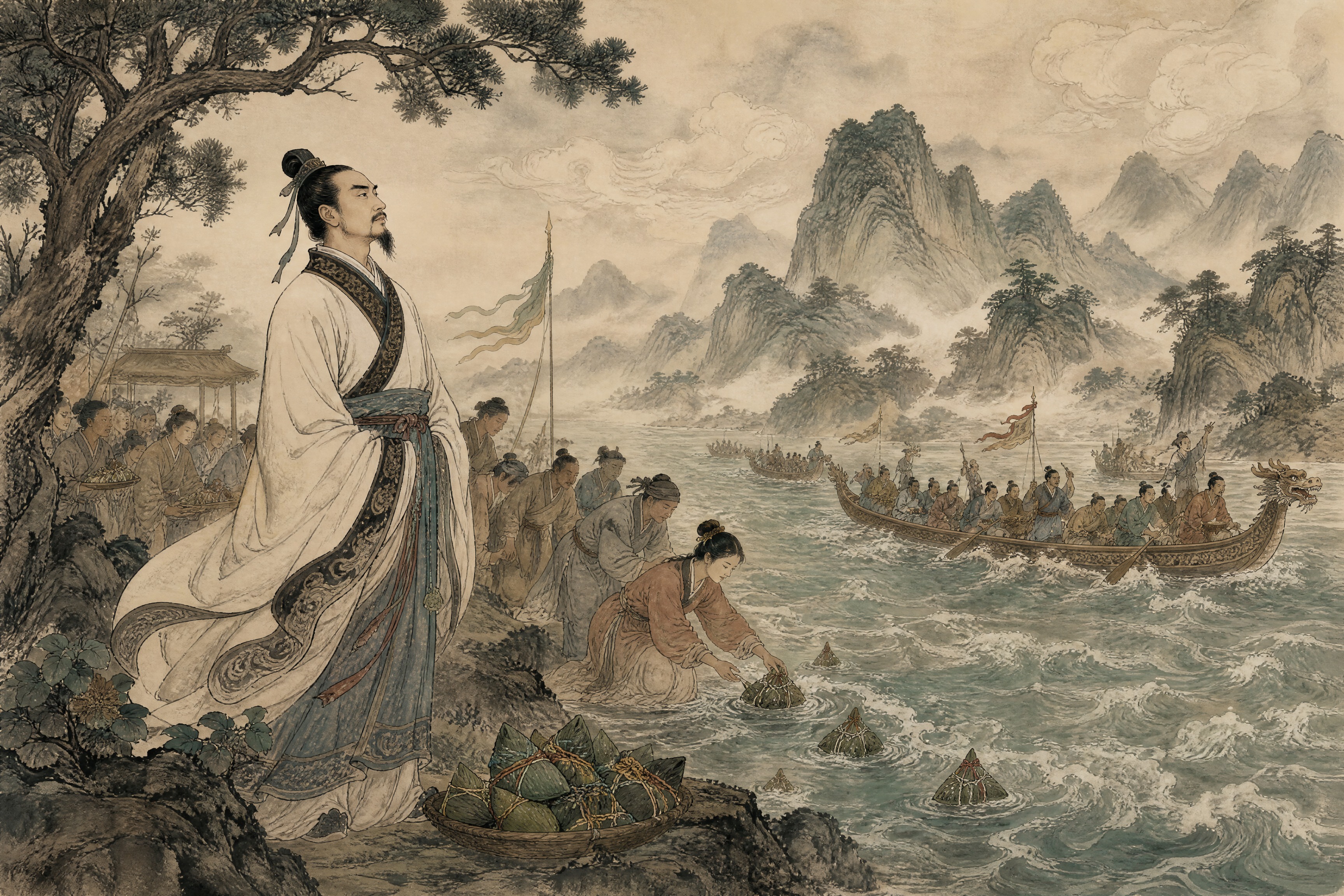 传统国风插画风格，端午节起源故事场景，画面中包含屈原、汨罗江、… - 图片创意预览
