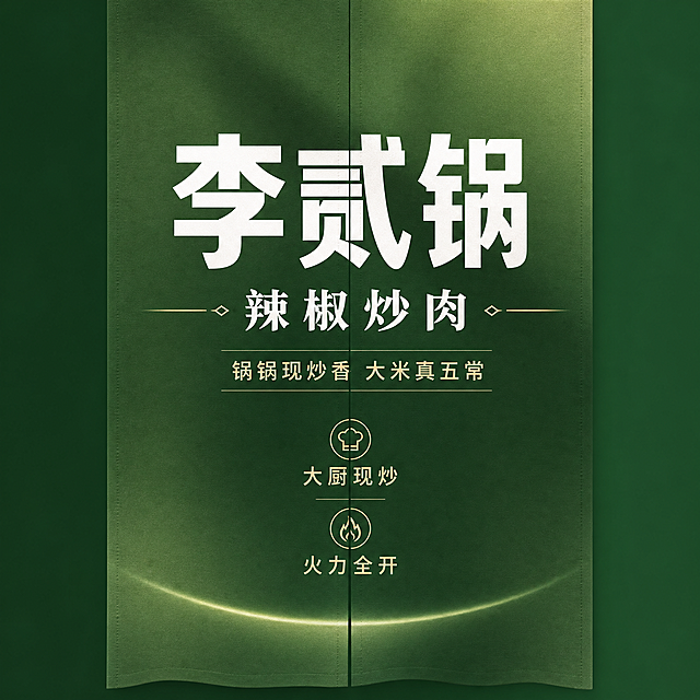 重新设计简约高级有设计感的厨房门帘，使用渐变绿色底，品牌名"李贰锅"使用加粗白色大字居中放置，下方依次排版文字"辣椒炒肉"、"锅锅现炒香 大米真五常"、"大厨现炒"、"火力全开"，干净不杂乱，尺寸110×100