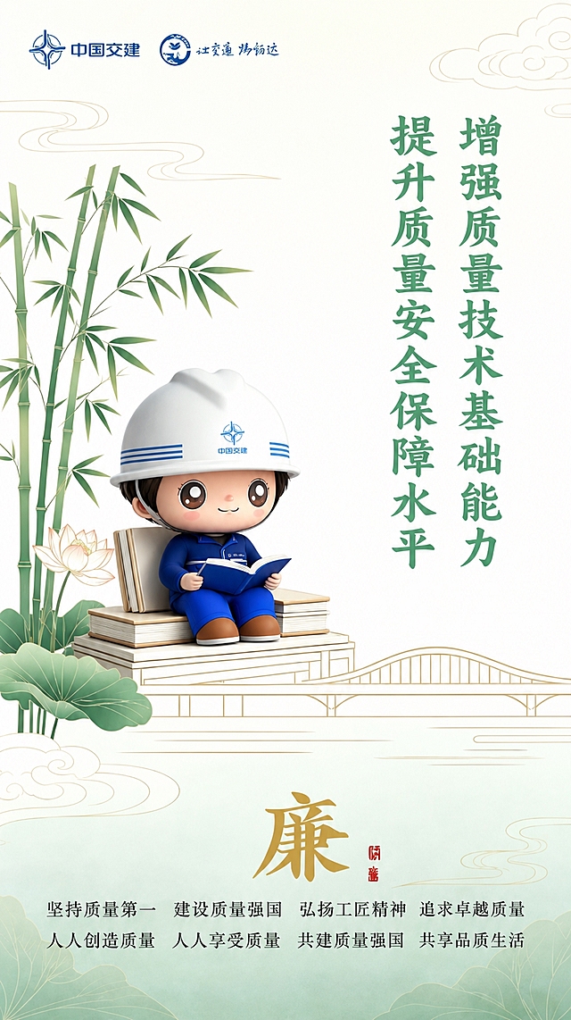 严格参考原图，保持整体版式、构图、背景颜色、中国交建标识、Logo位置、装饰元素、图片质感、字体风格和整体海报氛围完全不变，只修改画面中的宣传标语文字。不要重新设计海报，不要改变背景，不要替换Logo，不要移动原有元素，不要改变画面比例。将画面中的主标语替换为“增强质量技术基础能力 提升质量安全保障水平”，辅助标语替换为“坚持质量第一 建设质量强国 弘扬工匠精神 追求卓越质量 人人创造质量 人人享受质量 共建质量强国 共享品质生活”。文字排版沿用原图文字区域，保持原有字体风格、字号层级、颜色和位置关系，只替换文字内容。所有文字必须清晰、准确、无错别字、无乱码。