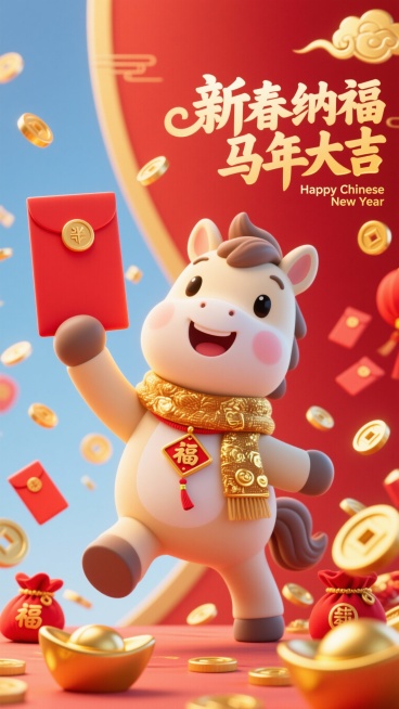 萌系 3D 卡通风马年新年电商宣传海报，主打皮克斯动画质感，满溢春节喜庆热闹的温馨年味，适配电商年货节促销场景。画面采用鱼眼镜头特效搭配极低仰视超广角大透视构图，夸张的透视比例瞬间拉满视觉张力，牢牢抓预览效果