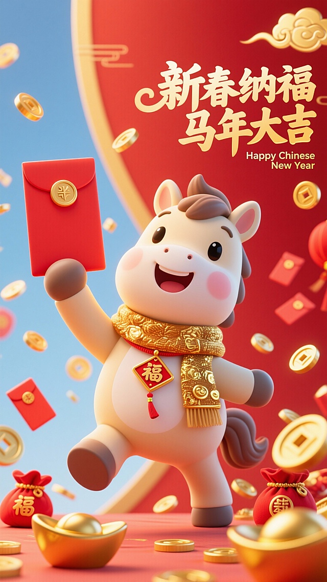 软3D风格卡通马，拟人化设计，手持红包，身披鎏金围巾，喜庆感十足，搭配金币、灯笼与福字元素，营造马年新春吉祥氛围。