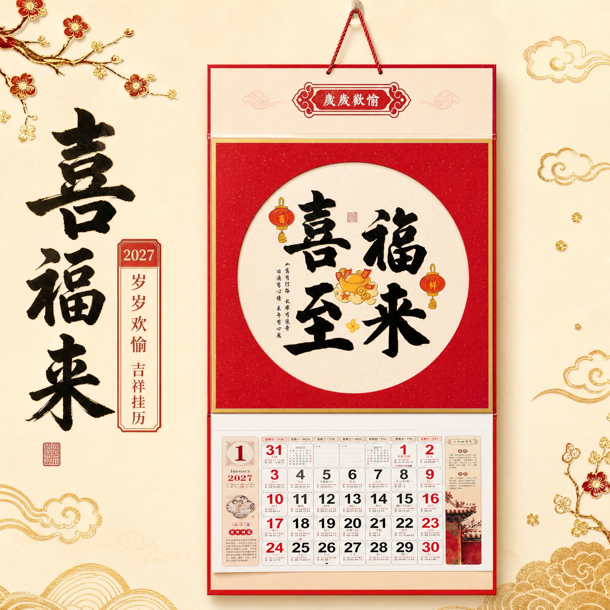 喜福来款2027岁岁欢愉吉祥挂历 SKU单品图。 [统一基调]… - 图片创意预览