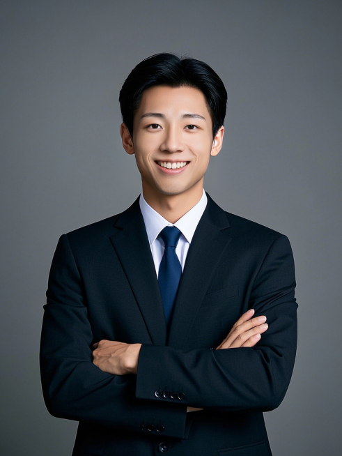 一个男生，保险代理人职业形象照，深灰色背景，商务，亲和力，双手交叉预览效果