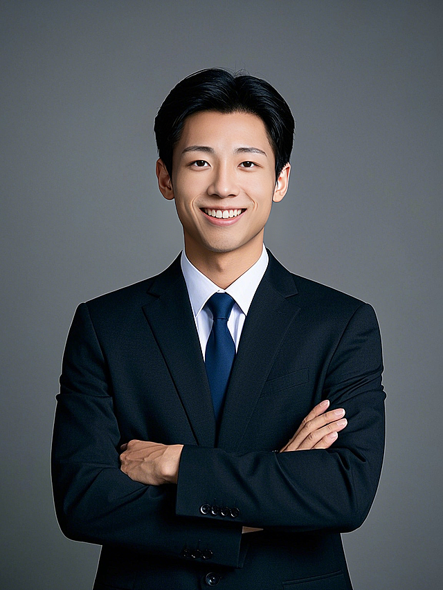 一个男生，保险代理人职业形象照，深灰色背景，商务，亲和力，双手交叉