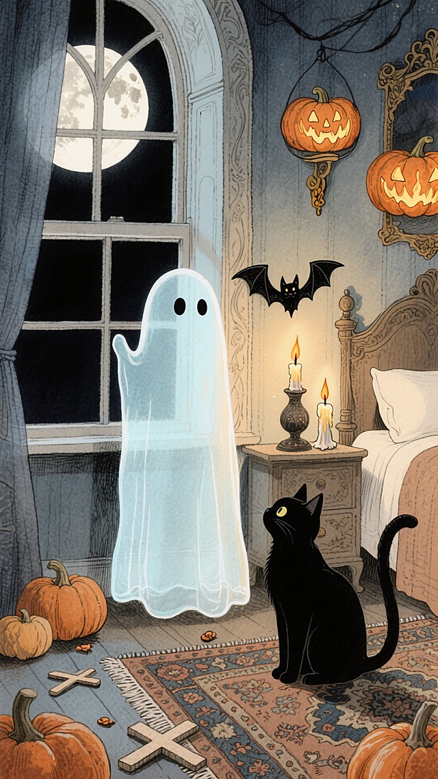 主体是一个可爱的幽灵，站在窗前看月亮，旁边有一只黑色猫咪。背景是巴洛克风格的卧室，装饰着南瓜灯、蝙蝠、蜡烛等万圣节元素，地面有南瓜、十字架和地毯