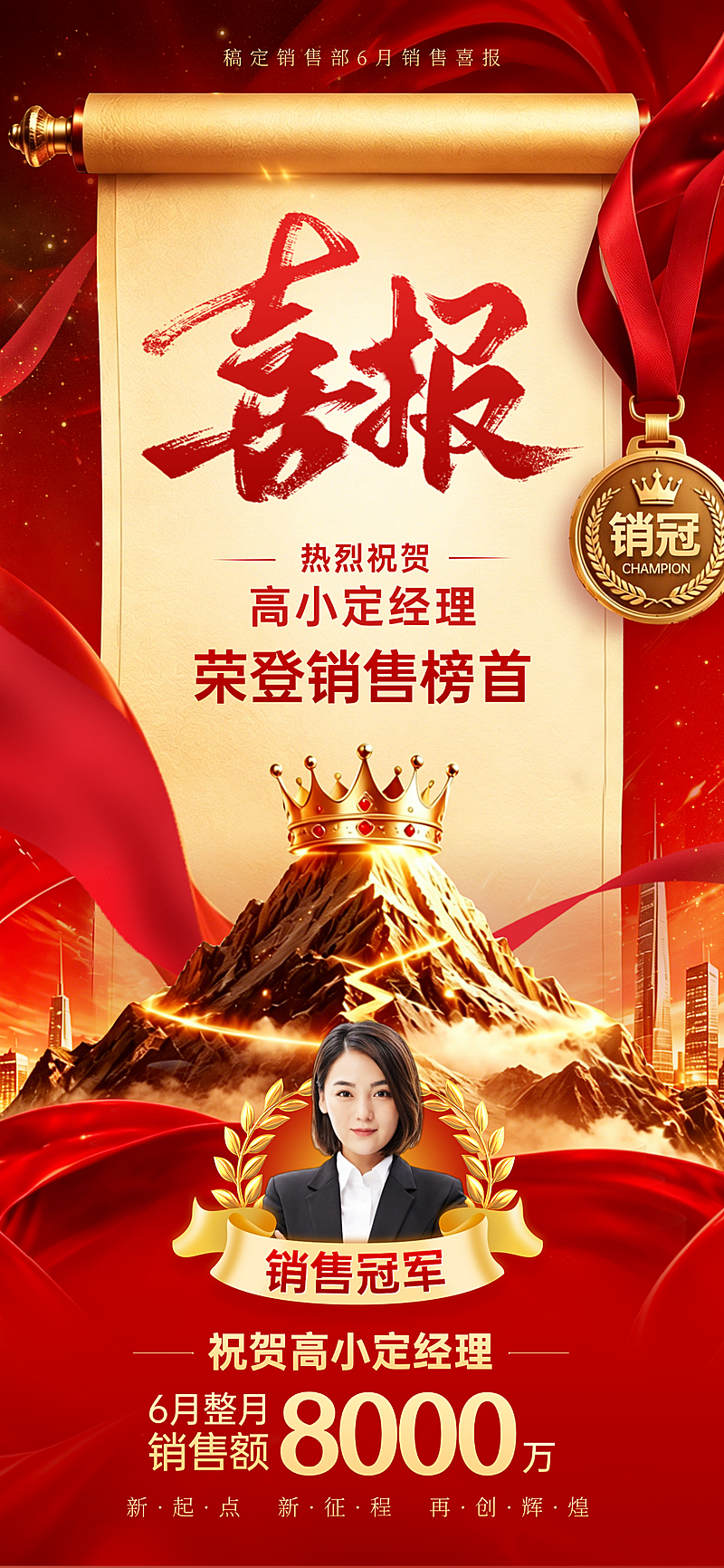 创意红金励志感销售业绩喜报全屏竖版海报