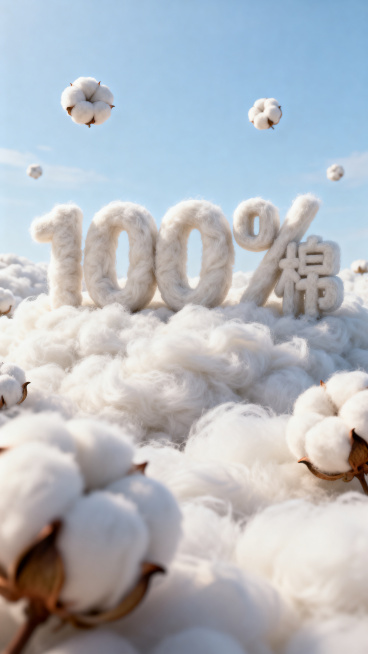 宏伟场景，正视图角度，3D渲染效果，由棉花纤维构成的文字“100%棉”放置在蓬松的全棉纤维结构中，以澄澈天空作为背景，虚化远景处点缀几个漂浮的棉花，前景做虚化处理，整体画面柔和明亮，棉纤维纹理清晰自然预览效果