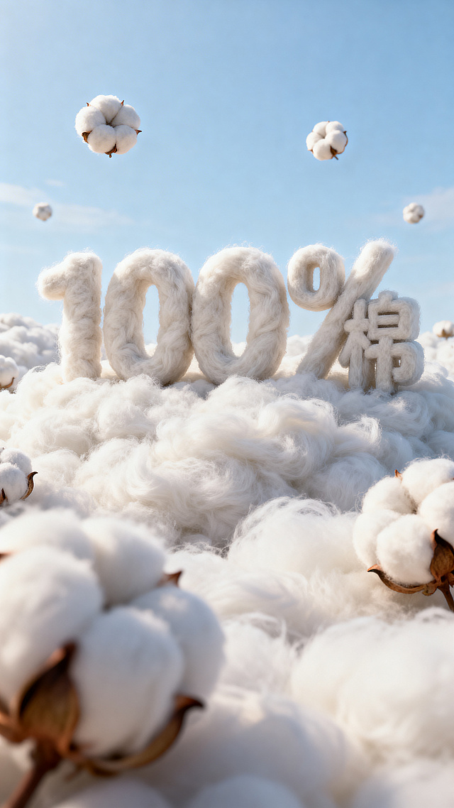 宏伟场景，正视图角度，3D渲染效果，由棉花纤维构成的文字“100%棉”放置在蓬松的全棉纤维结构中，以澄澈天空作为背景，虚化远景处点缀几个漂浮的棉花，前景做虚化处理，整体画面柔和明亮，棉纤维纹理清晰自然，质感蓬松柔软