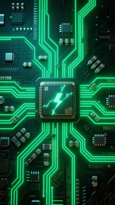 电路板主题的未来科技感数字艺术，深绿色调为主，搭配明亮的绿色发光线路与节点，中心位置为一个复杂的方形芯片，周围环绕着放射状分布的多层线路、电容、电阻和集成电路元件，发光区域呈现不规则的闪电状和脉冲效果，整体构图对称且具有强烈的视觉引导线，线条精细锐利，光影对比鲜明，散发着神秘而先进的科技氛围，电路板表面有细微的纹理和网格底纹，部分区域可见抽象的科技符号和数据标识。预览效果