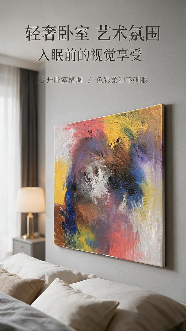 [商品] 使用【图1】抽象手绘油画作为装饰画商品；严格保留原画的色彩、构图、笔触、肌理、细节与整体画面内容，100%还原原作，不得改动画作本身的颜色、形状、纹理和任何细节；画作装裱为极细边或无边框形式，挂于卧室墙面展示。
[画面] 第5张 场景种草，轻奢卧室单场景沉浸型；目标是展示画作在私密卧室空间的艺术氛围与适配性；竖版9:16构图，画作挂于床头侧墙或床尾对墙，画作在画面中占主要视觉区域（约55%-65%），视角为卧室斜侧平视；场景为现代轻奢卧室，浅灰调墙面、简约床品、金属与布艺元素、柔和暖光；前景床品局部虚化，中景墙面画作清晰突出，后景窗帘与光影虚化；整体背景统一在浅灰暖调高级质感内。
[视觉] 套系策略：风格=高级奢华极简商业摄影风；标题字=现代高端衬线粗体；正文字=简洁无衬线体；主色=浅灰；背景延展=基于浅灰做空间深浅层级与布艺/哑光墙面质感；强调色=香槟金，仅用于金属灯具/床架细节和小标签；标题色=深炭灰；正文色=中灰；组件=极简留白文字区、无花哨装饰；光影=柔和暖调侧光与床头灯氛围光，画作表面有真实环境光但不改变原画色彩。
[文字] 顶部或右侧留白处主标题“轻奢卧室 艺术氛围”，副标题“入眠前的视觉享受”，下方2个短卖点：提升卧室格调 / 色彩柔和不刺眼；文字全部横排，不遮挡画作主体。
[规格] 图片比例9:16竖版，1K分辨率；负向提示：避免画作色彩改变、构图变形、肌理丢失、透视错误、花哨装饰、杂物过多、文字遮挡画作、极限词。