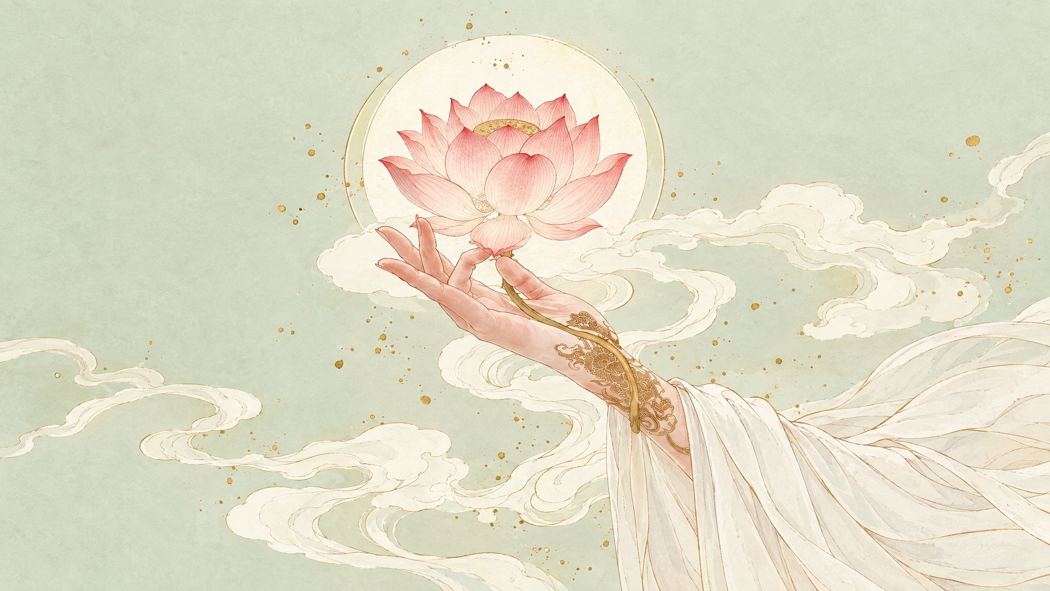 参考图的国风禅意插画风格，一只手托举着一朵盛开的粉色莲花，手上… - 图片创意预览