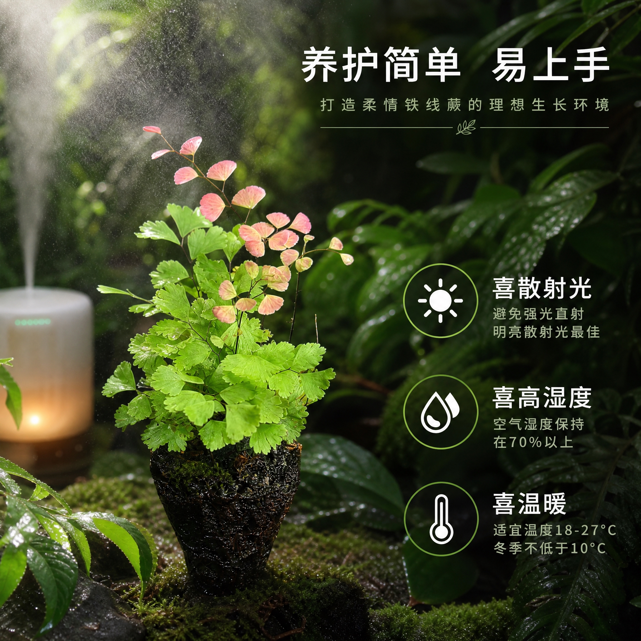 [主图-7] 养护环境说明图，展示柔情铁线蕨适宜的生长环境与养… - 图片创意预览