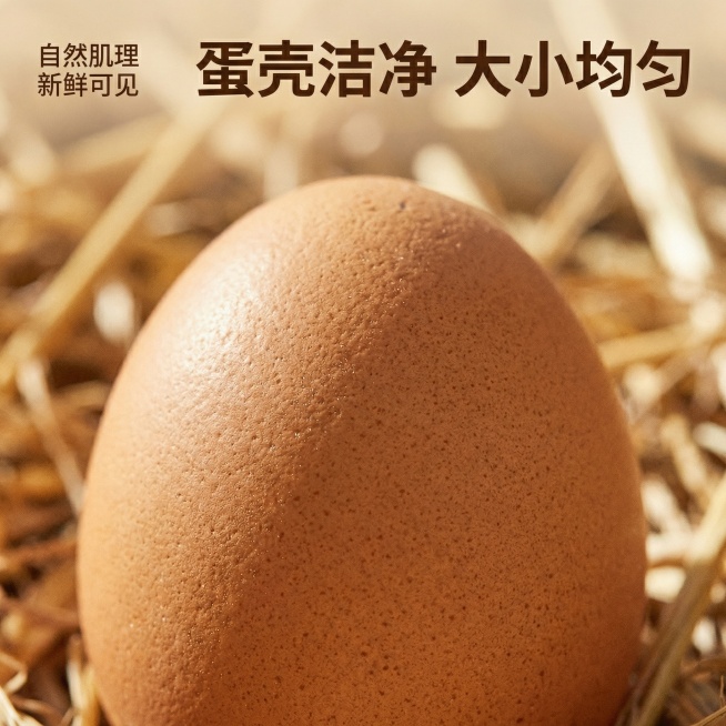 [主图主题] 农家鸡蛋细节质感展示
[氛围/风格] 自然真实，干净整洁，突出新鲜质感
[画面元素] 微距特写一颗完整鸡蛋，放大展示蛋壳表面的自然细腻纹理，蛋壳颜色均匀温润，背景为柔和虚化的浅棕色稻草，预览效果