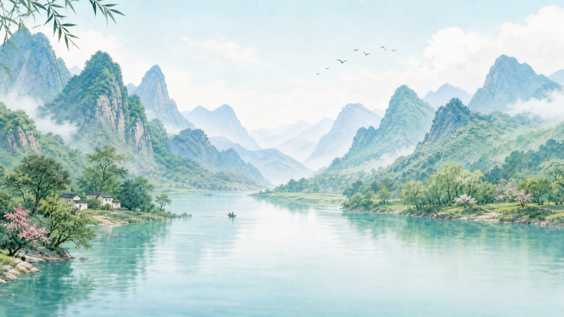 原图背景是一江碧水两岸青山，去掉画面右下角的“谢谢大家聆听”文字，保留其他风景内容，比例16:9预览效果