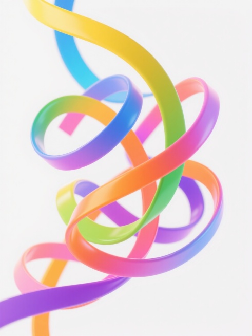 一张充满活力的抽象海报，以纯白为背景，画面中央是多根色彩鲜艳、光滑渐变的彩带，彩带颜色包括明亮的蓝色、黄色、绿色、橙色、粉色和紫色，它们以更加复杂和富有动感的螺旋状相互缠绕、交织、飘动，形成流畅而富有韵律的曲线，彩带边缘清晰，具有数字艺术的平滑质感和3D光感，整体风格现代、简洁、明快，充满动感和活力，营造出欢快、积极向上的氛围。预览效果